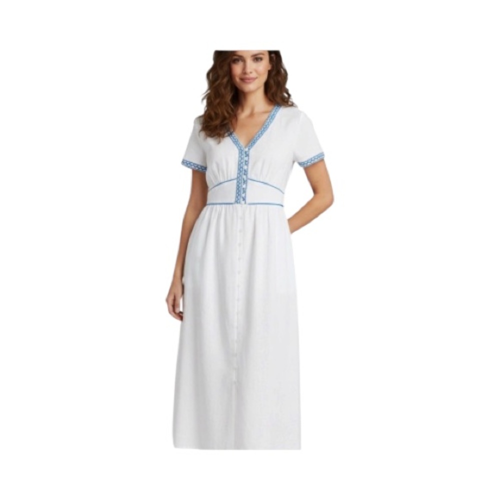 J.Crew 100%  Linen White Midi Dress Blue Embroidery Button Front Size 8